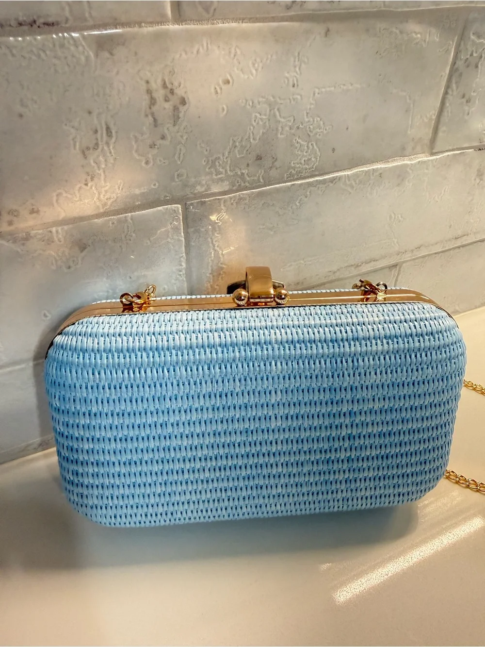 Tommy Bahama Sky Blue Woven Clutch with Gold Shell Clasp